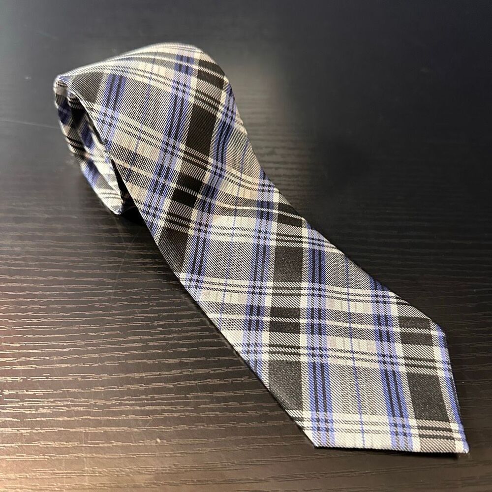 Men’s Wilke-Rodriguez Blue, Black, and White Plaid Silk Neck Tie